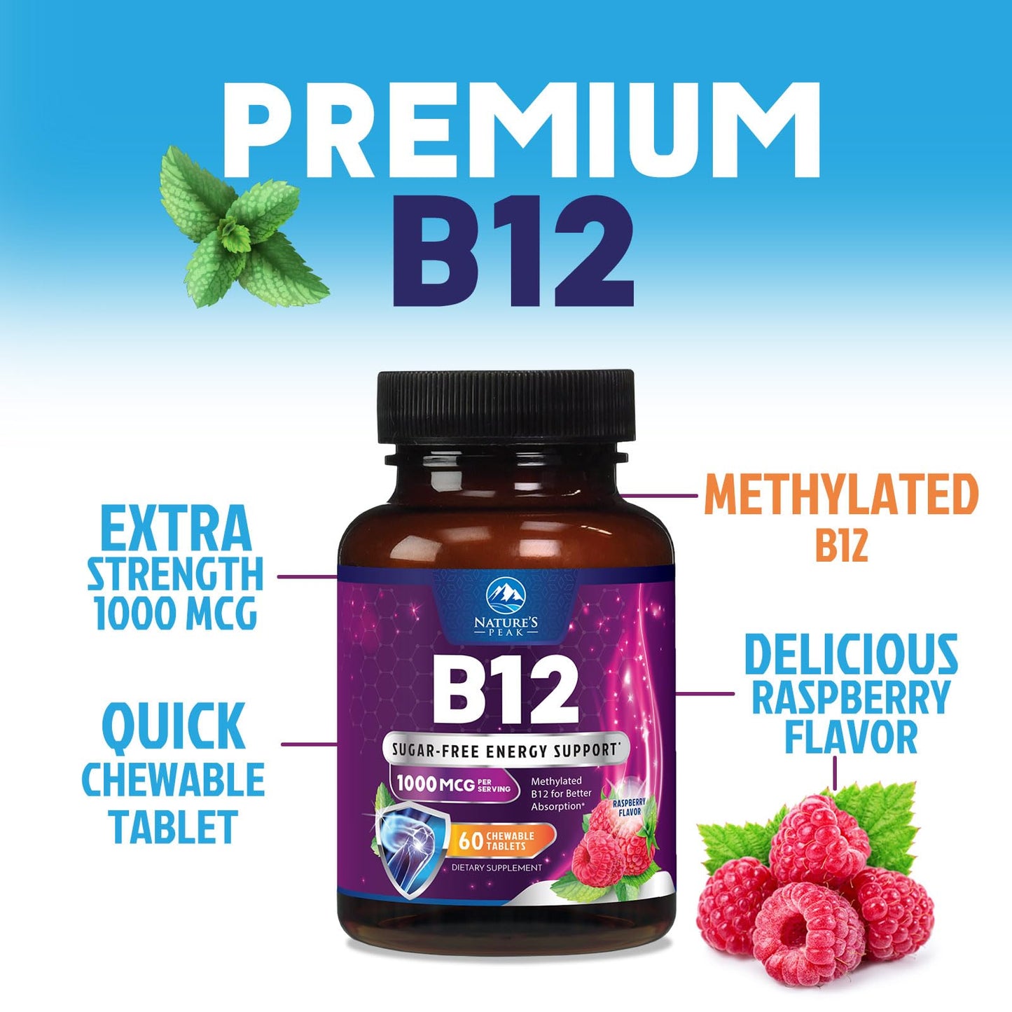 Vitamin B12 1000 mcg Methylcobalamin - Vegan, Sugar-Free Raspberry | 60 Chewable Tablets | 60 Day Supply