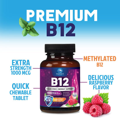 Vitamin B12 1000 mcg Methylcobalamin - Vegan, Sugar-Free Raspberry | 60 Chewable Tablets | 60 Day Supply
