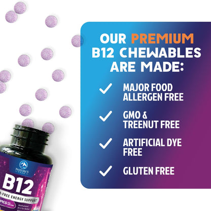 Vitamin B12 1000 mcg Methylcobalamin - Vegan, Sugar-Free Raspberry | 60 Chewable Tablets | 60 Day Supply