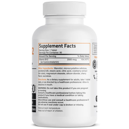 Vitamin B12 2500mcg Cherry Sublingual Tablets – 90 Count | Fast-Dissolving Energy & Nervous System Support