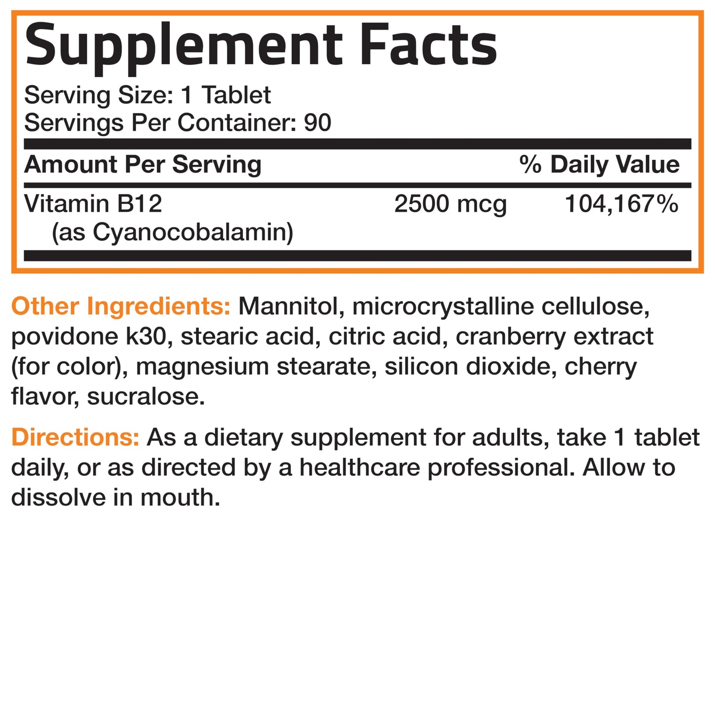 Vitamin B12 2500mcg Cherry Sublingual Tablets – 90 Count | Fast-Dissolving Energy & Nervous System Support
