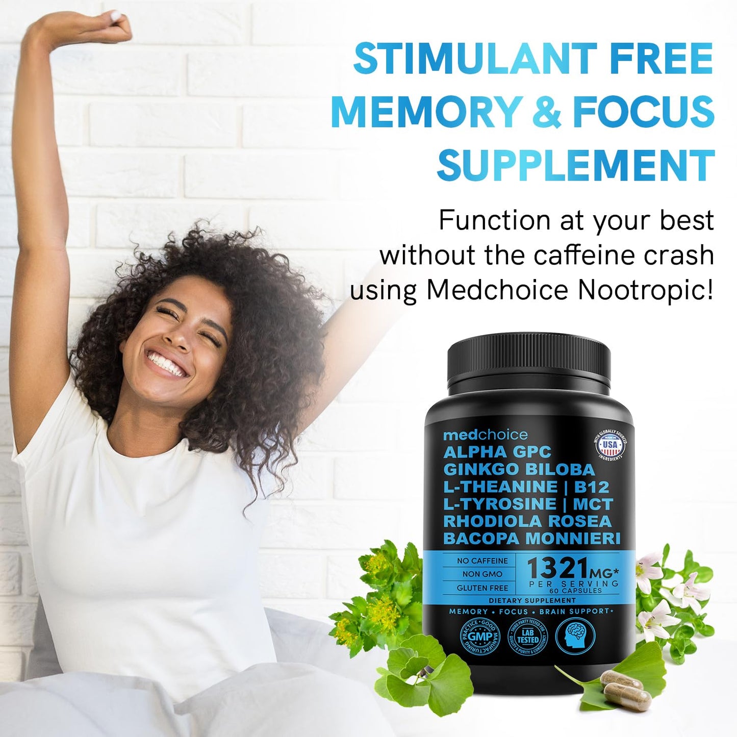 12-in-1 Nootropic Ginkgo Biloba for Brain Support - 60ct, Non-Caffeinated 1321mg