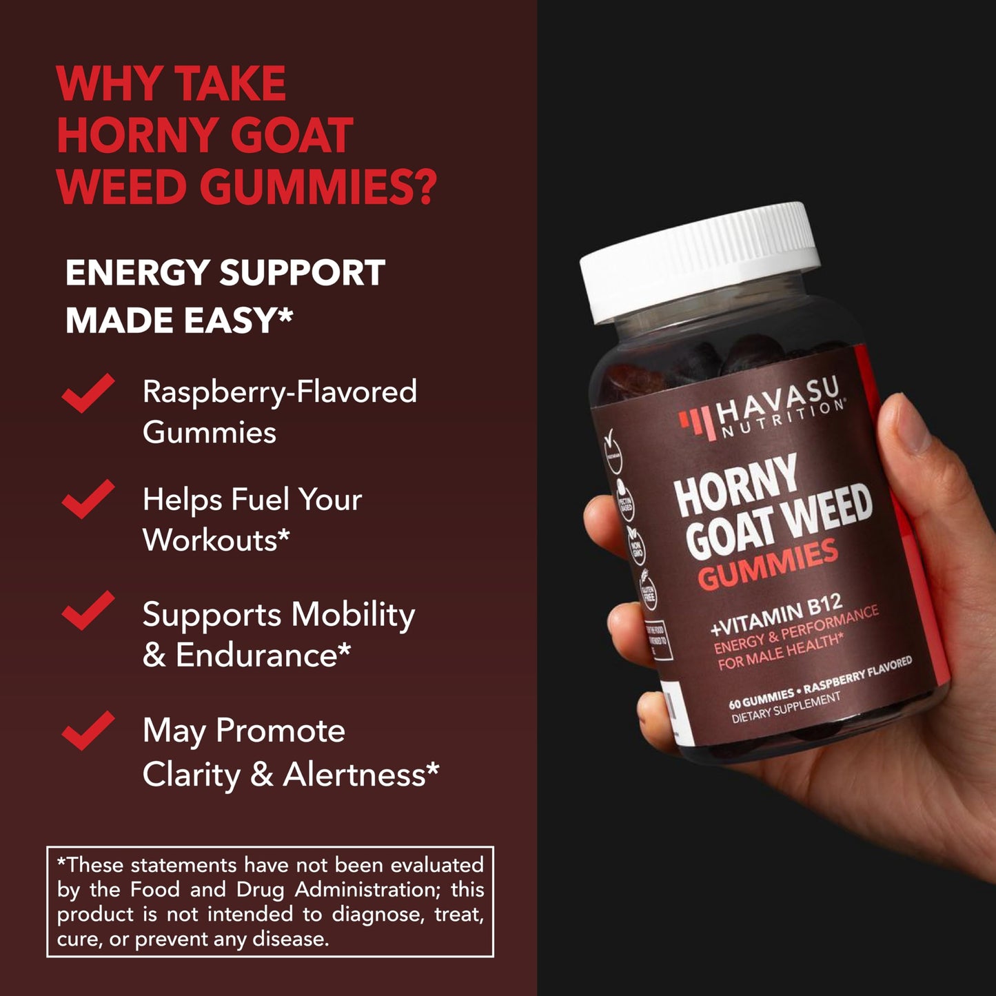 Horny Goat Weed Gummies with Vitamin B12 - Energy & Endurance Support for Men (30 Count) Raspberry
