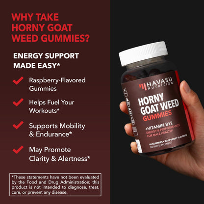 Horny Goat Weed Gummies with Vitamin B12 - Energy & Endurance Support for Men (30 Count) Raspberry