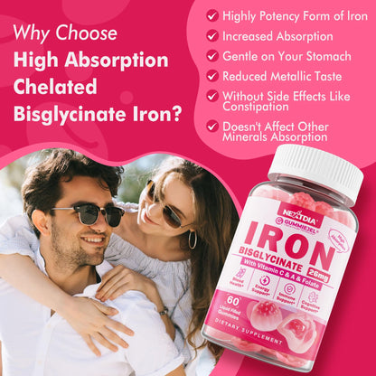 Iron Bisglycinate Gummies with Vitamin C - Sugar-Free, Gentle Iron for Adults