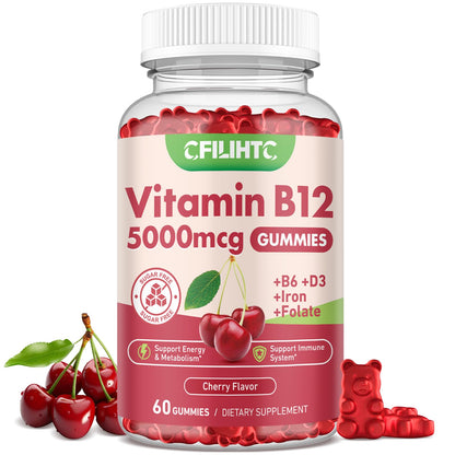 Vitamin B12 Gummies 5000mcg Methyl B12 – Cherry Sugar-Free (Women & Men)