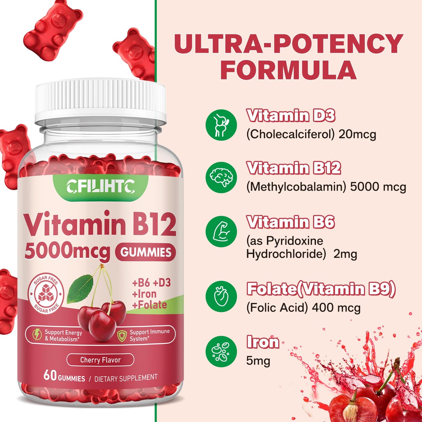 Vitamin B12 Gummies 5000mcg Methyl B12 – Cherry Sugar-Free (Women & Men)