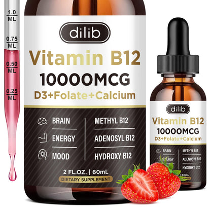 Vitamin B12 Liquid Drops Sublingual 10000 mcg – Triple B-12 Complex (Methyl & Methylcobalamin) for Energy & Mood | Women & Men