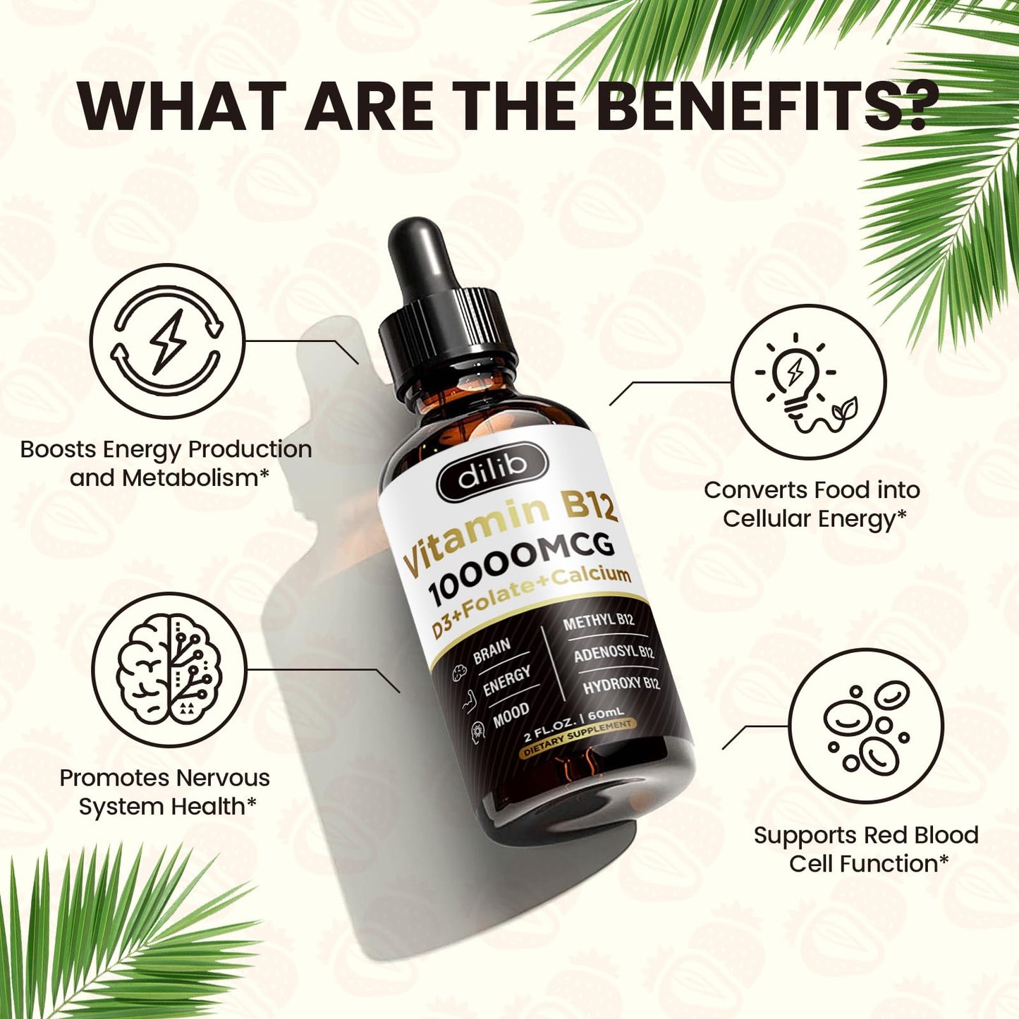 Vitamin B12 Liquid Drops Sublingual 10000 mcg – Triple B-12 Complex (Methyl & Methylcobalamin) for Energy & Mood | Women & Men