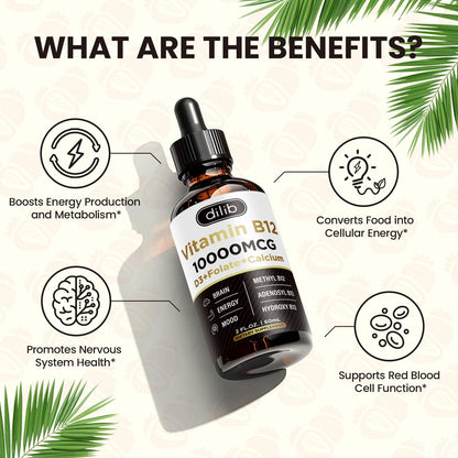 Vitamin B12 Liquid Drops Sublingual 10000 mcg – Triple B-12 Complex (Methyl & Methylcobalamin) for Energy & Mood | Women & Men