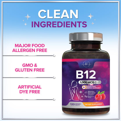 Hello Lovely! B12 Vitamin Chewables 1000 mcg - Energy & Immune Support - Gluten & Sugar Free (120 Chewables)