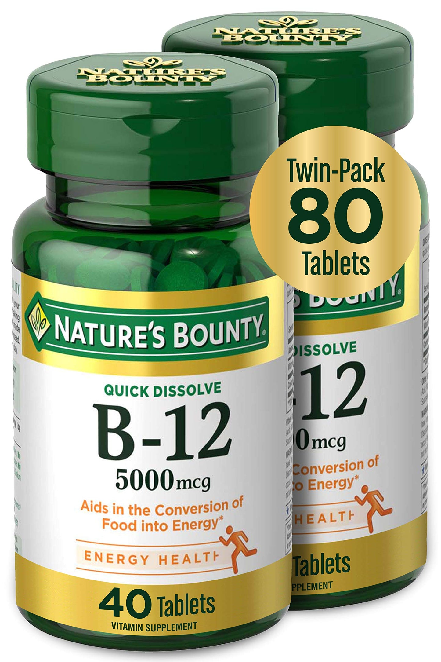 Vitamin B12 by Nature's Bounty - Quick Dissolve 5000mcg (80 Tablets Pack of 2)