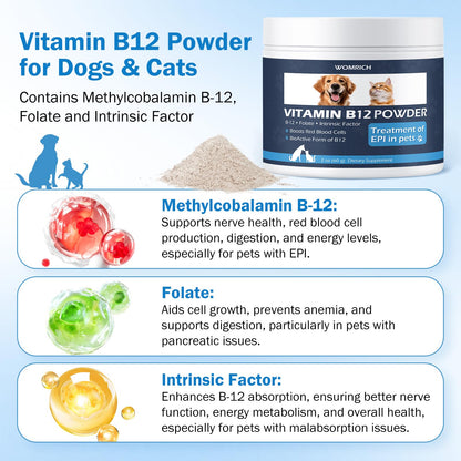 Appetite Stimulant Vitamin B12 Powder for Cats & Dogs – Methylcobalamin with Folate & Intrinsic Factor (60g)