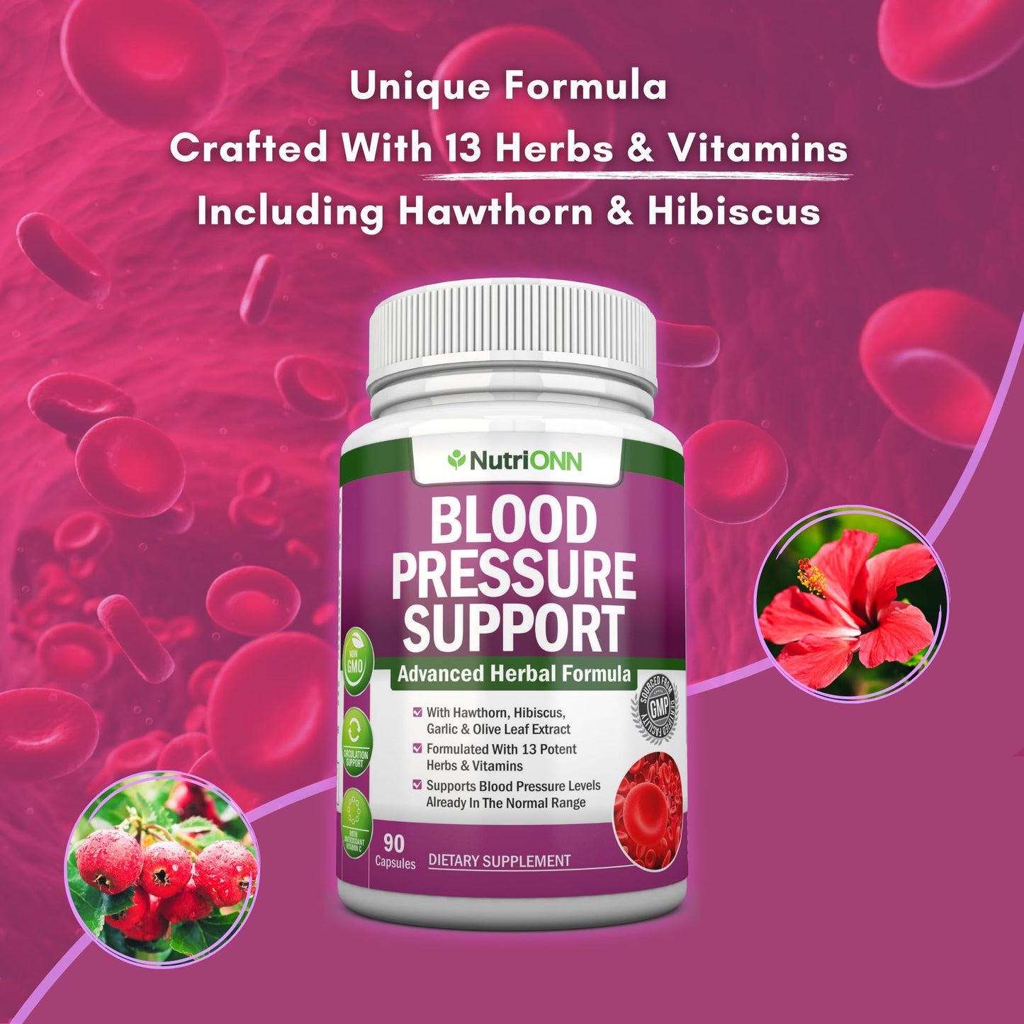 Blood Pressure Support Supplement - 13 Herbs & Vitamins | 90 Day Supply