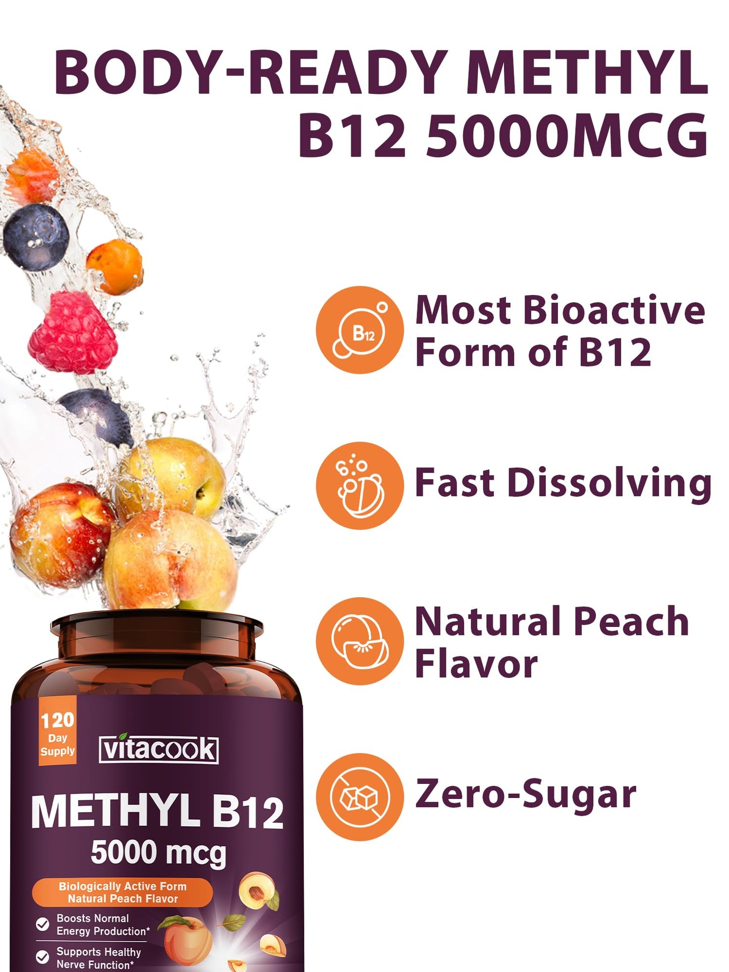 Vitamin B12 Sublingual Methylcobalamin 5000mcg — Energy & Nerve Support, Peach Flavor, Vegan, 120 Tablets