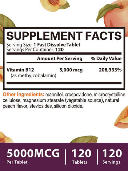 Vitamin B12 Sublingual Methylcobalamin 5000mcg — Energy & Nerve Support, Peach Flavor, Vegan, 120 Tablets