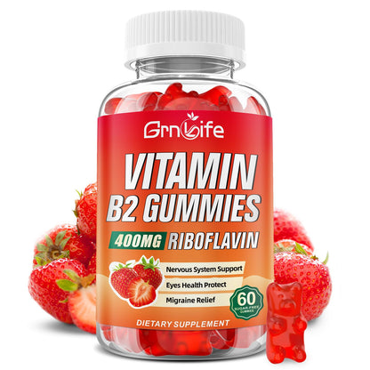 Vitamin B2 Gummies 400mg Riboflavin with Magnesium – For Kids & Adults | Migraine Relief & Energy, Strawberry, 60 Count