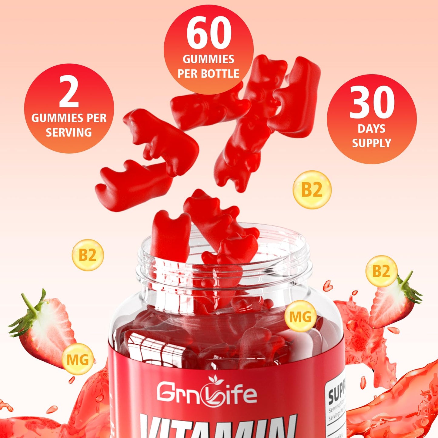 Vitamin B2 Gummies 400mg Riboflavin with Magnesium – For Kids & Adults | Migraine Relief & Energy, Strawberry, 60 Count