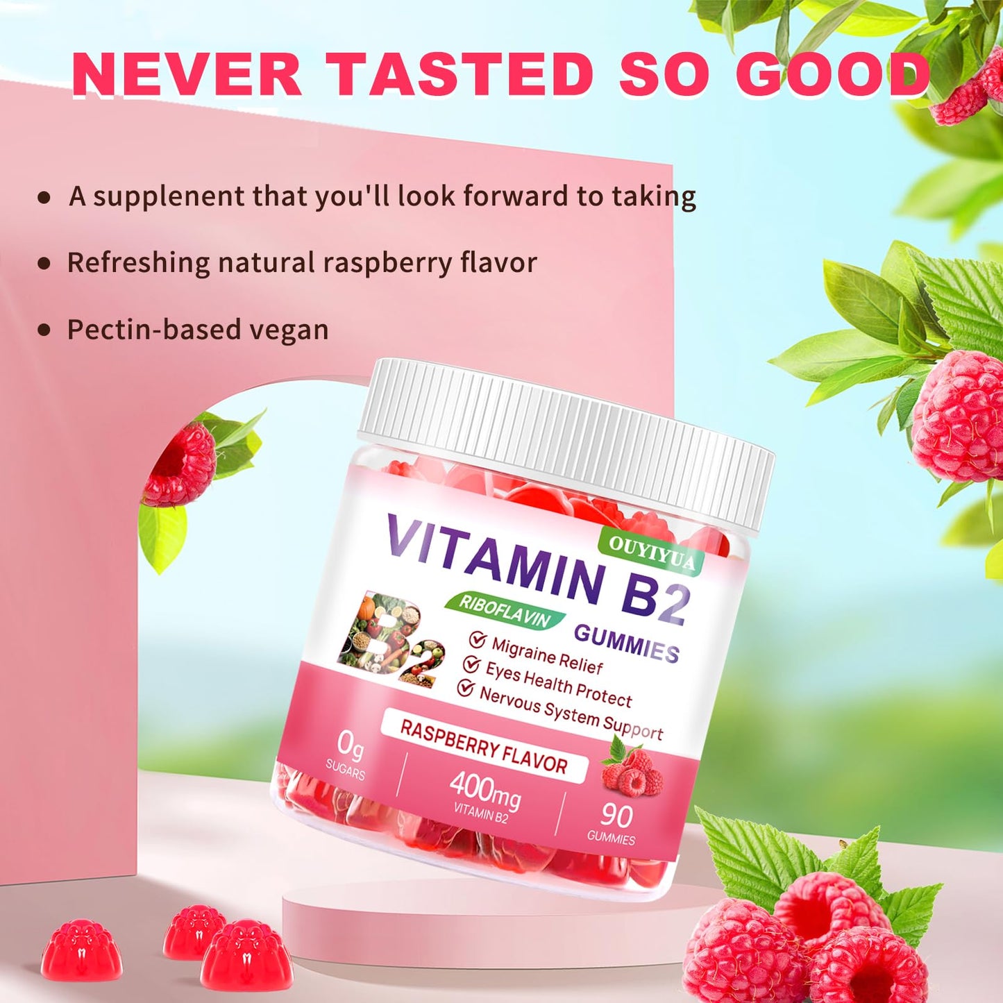 Vitamin B2 Gummies Riboflavin 400mg + Magnesium – Migraine Relief, Nervous System Support, Vegan & Sugar-Free Raspberry, 90 Count