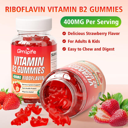 Vitamin B2 Gummies 400mg Riboflavin with Magnesium – For Kids & Adults | Migraine Relief & Energy, Strawberry, 60 Count