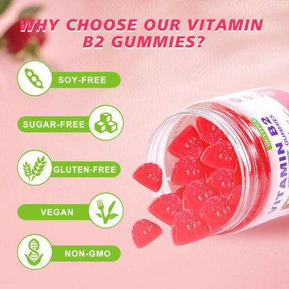 Vitamin B2 Gummies Riboflavin 400mg + Magnesium – Migraine Relief, Nervous System Support, Vegan & Sugar-Free Raspberry, 90 Count