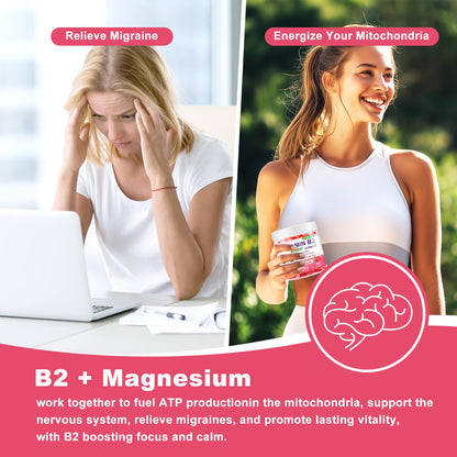 Vitamin B2 Gummies Riboflavin 400mg + Magnesium – Migraine Relief, Nervous System Support, Vegan & Sugar-Free Raspberry, 90 Count