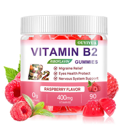 Vitamin B2 Gummies Riboflavin 400mg + Magnesium – Migraine Relief, Nervous System Support, Vegan & Sugar-Free Raspberry, 90 Count