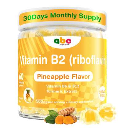 Vitamin B2 Gummies Riboflavin 400mg – Vegan Pineapple Turmeric B Complex (60 Count)