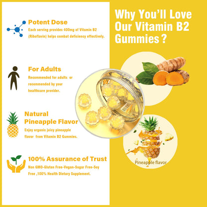 Vitamin B2 Gummies Riboflavin 400mg – Vegan Pineapple Turmeric B Complex (60 Count)