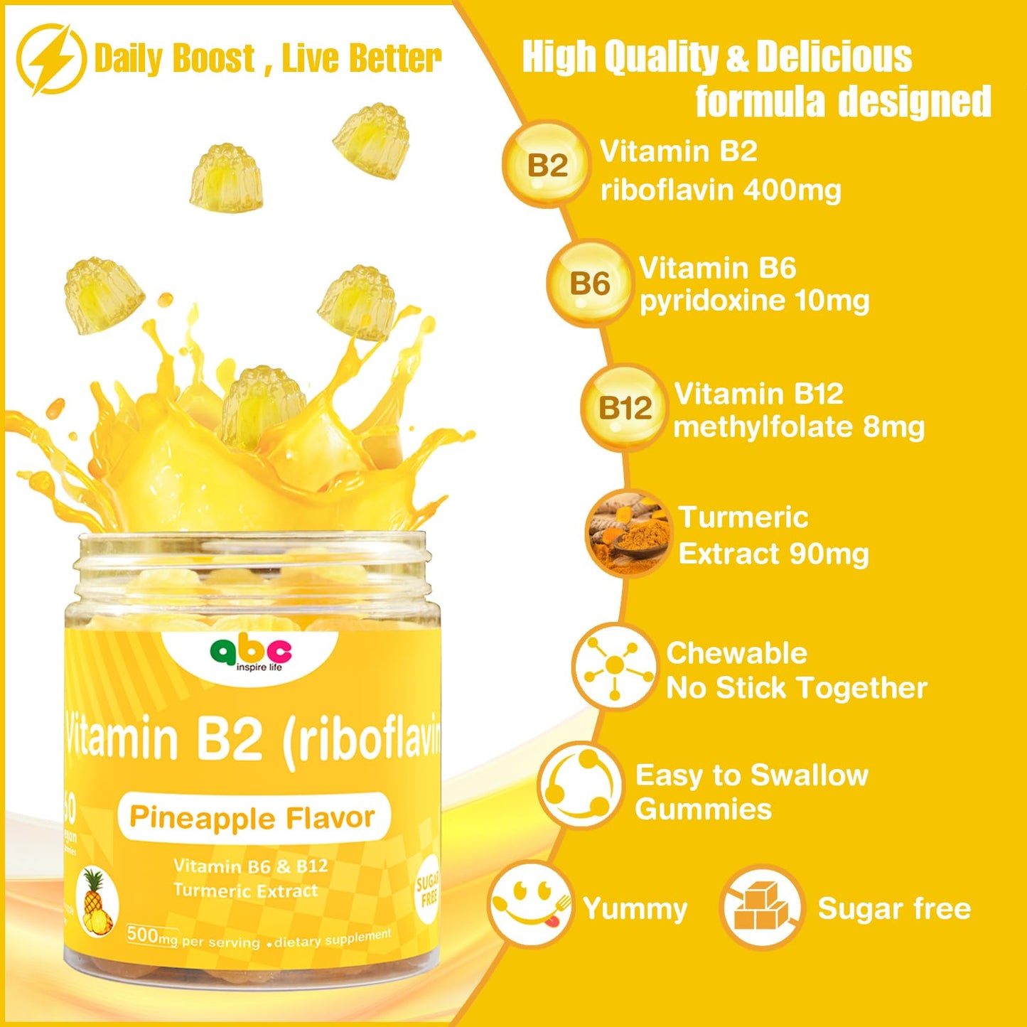 Vitamin B2 Gummies Riboflavin 400mg – Vegan Pineapple Turmeric B Complex (60 Count)