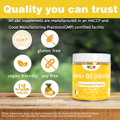 Vitamin B2 Gummies Riboflavin 400mg – Vegan Pineapple Turmeric B Complex (60 Count)