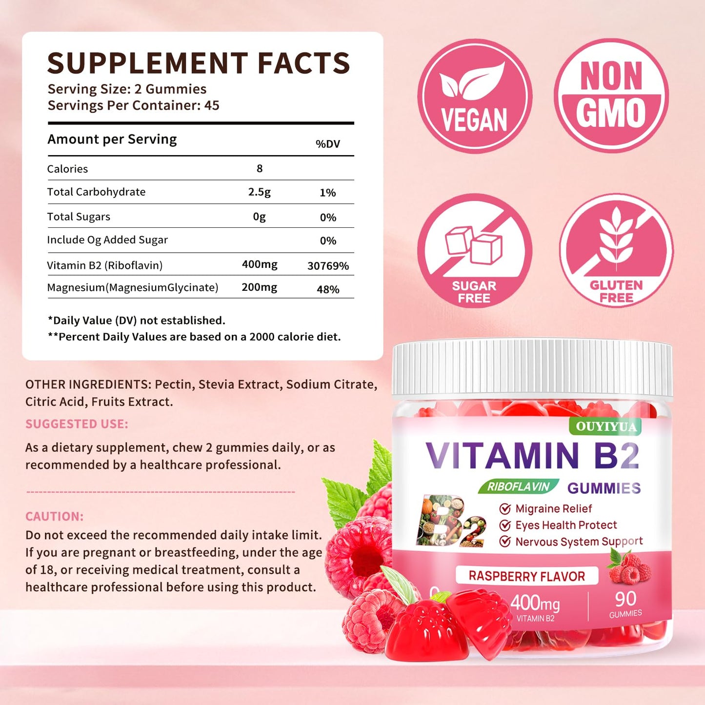 Vitamin B2 Gummies Riboflavin 400mg + Magnesium – Migraine Relief, Nervous System Support, Vegan & Sugar-Free Raspberry, 90 Count