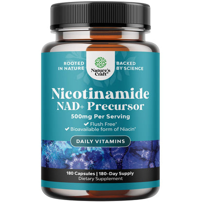 Vitamin B3 Niacinamide 500mg Capsules – Flush Free Niacin, 180 Count | Mitochondrial Energy & Skin Support