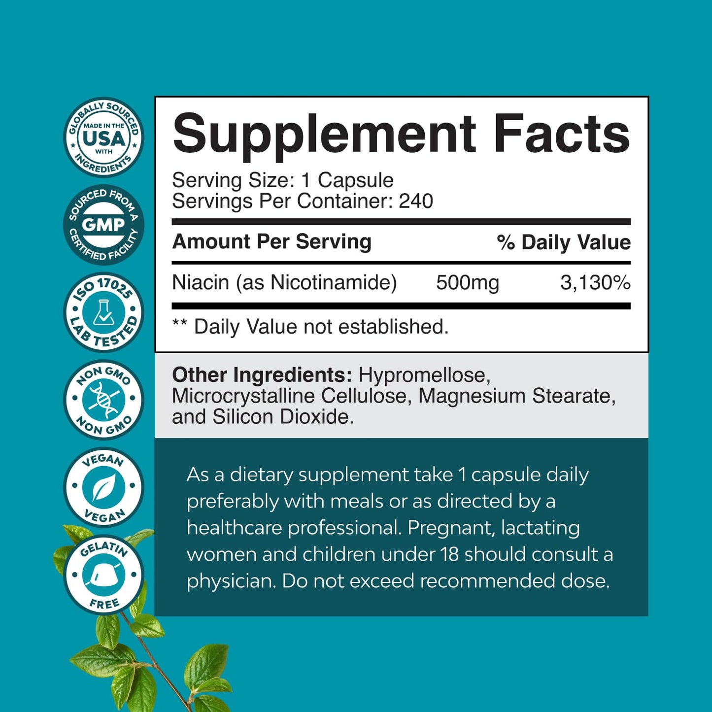 Vitamin B3 Niacinamide 500mg Capsules – Flush Free Niacinamide, Skin & Energy Support, 240 Count