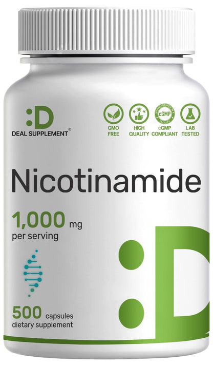 Vitamin B3 Nicotinamide 1,000mg Per Serving – 500 Capsules, Flush Free Niacin, Essential B3 – Supports Healthy Skin & Energy Production – Non-GMO