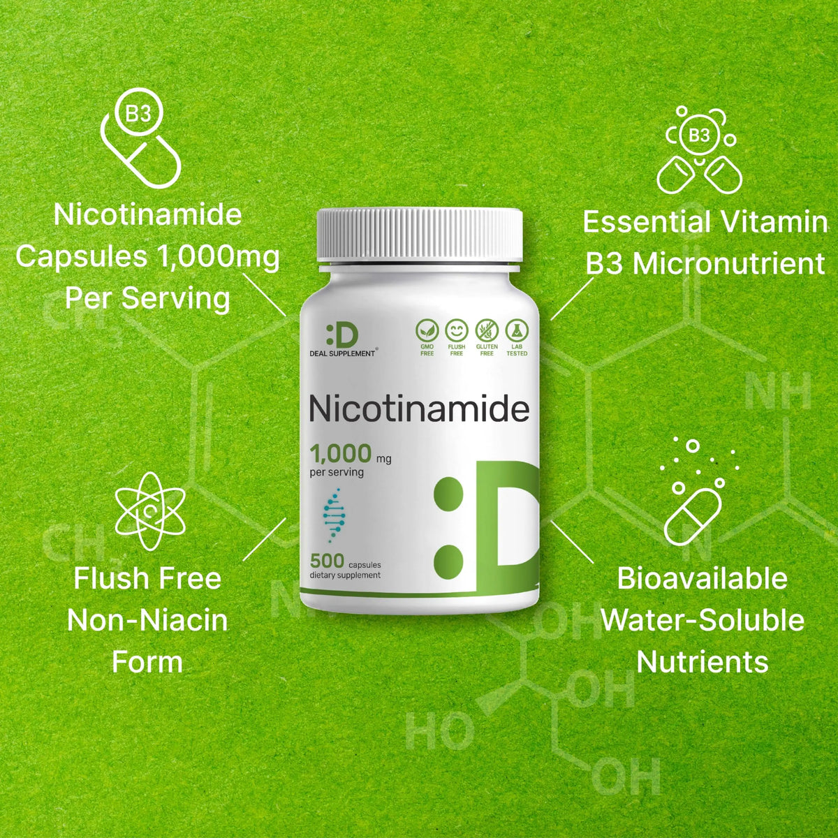 DEAL SUPPLEMENT Vitamin B3 Nicotinamide 1,000mg – 500 Capsules, Flush Free, Non-GMO BritishVita | Premium UK Vitamins & Wellness Supplements