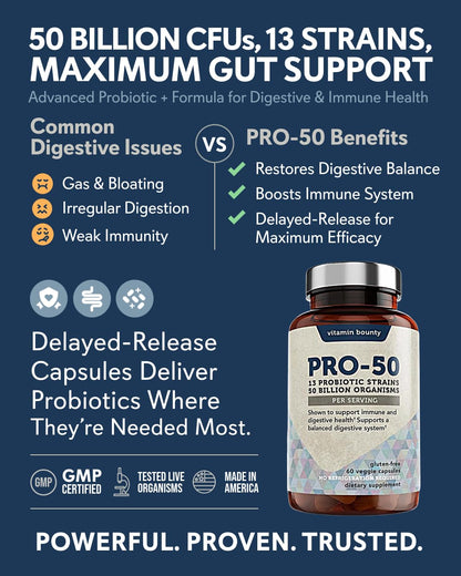Vitamin Bounty Pro-50 Probiotics – 50B CFU, 13 Strains, Prebiotic (Digestive & Immune Support) – Women & Men