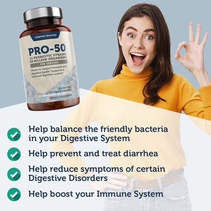 Vitamin Bounty Pro-50 Probiotics – 50B CFU, 13 Strains, Prebiotic (Digestive & Immune Support) – Women & Men