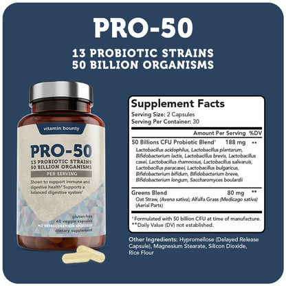 Vitamin Bounty Pro-50 Probiotics – 50B CFU, 13 Strains, Prebiotic (Digestive & Immune Support) – Women & Men