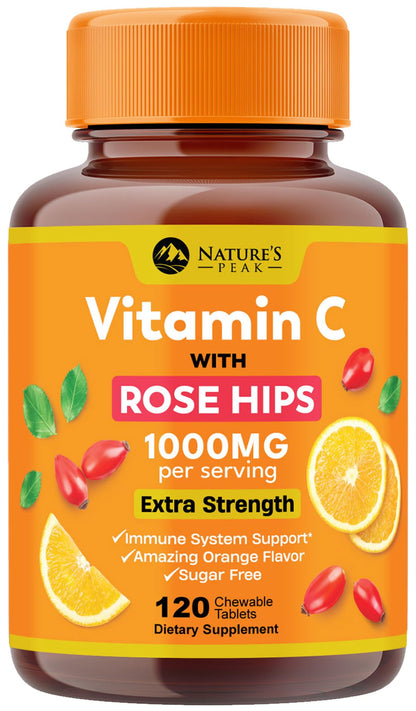 Vitamin C 1000mg Chewable – Extra Strength Immune Support (Vegan, Orange) | 120 Tablets