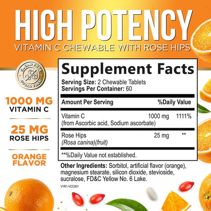 Vitamin C 1000mg Chewable – Extra Strength Immune Support (Vegan, Orange) | 120 Tablets