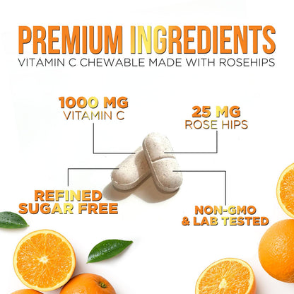 Vitamin C 1000mg Chewable – Extra Strength Immune Support (Vegan, Orange) | 120 Tablets