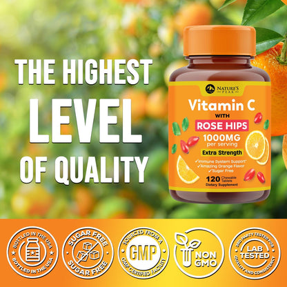 Vitamin C 1000mg Chewable – Extra Strength Immune Support (Vegan, Orange) | 120 Tablets