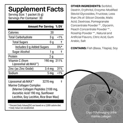 Liposomal Marine Collagen Powder Packets 2100mg – Sugar-Free, Vitamin C 190mg, Peach Pomegranate – 30 Packets