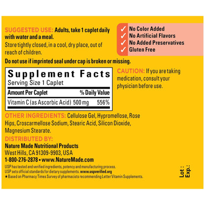 Vitamin C 500 mg Caplets with Rose Hips, 130 Count | Nature Made