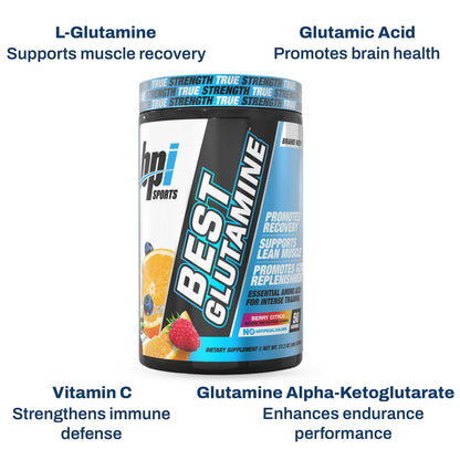 BPI Sports Best Glutamine Supplement - L-Glutamine Powder for Gut Health, Muscle Recovery & Immune Support | 50 Servings Berry Citrus