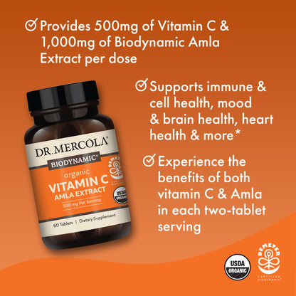 Dr. Mercola Biodynamic Organic Vitamin C Amla Extract – 500 mg Vitamin C, 60 Tablets (30 Servings), Non-GMO