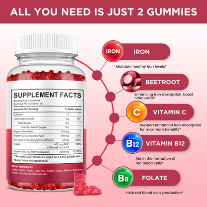 Iron Gummies for Women & Men – Sugar Free Strawberry, 60 Gummies | Iron Bisglycinate with Vitamin C, B12 & Folate
