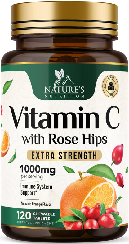 Vitamin C Chewable 1000mg - Immune Support with Rose Hips - Vegan & Non-GMO (120 Tablets)
