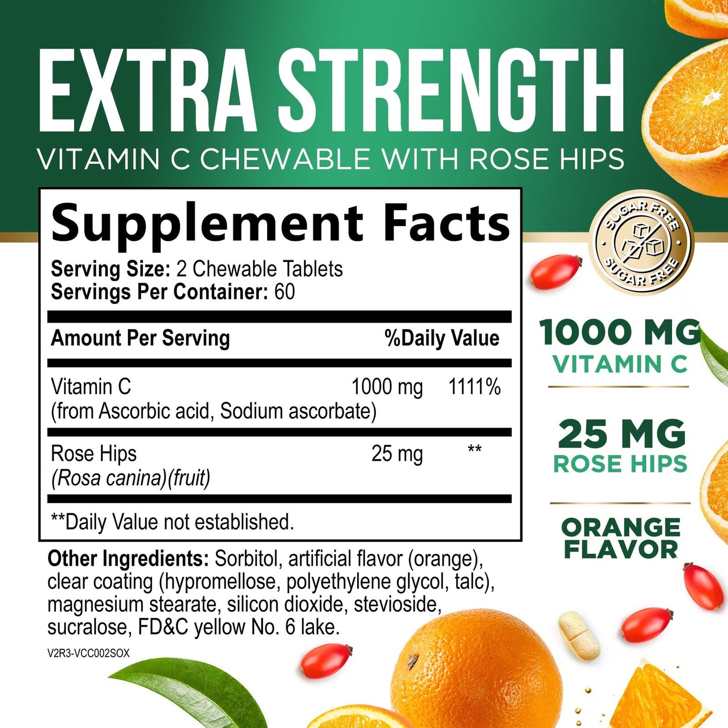 Vitamin C Chewable 1000mg - Immune Support with Rose Hips - Vegan & Non-GMO (120 Tablets)